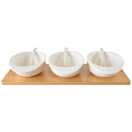 Miseczki na przekąski z łyżeczkami porcelanowe białe na tacy WHITELINE 32 cm 7 el. Orion