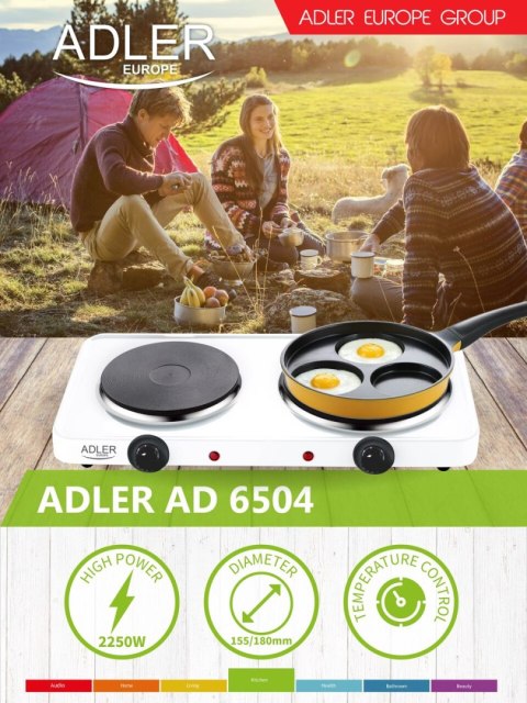 Kuchenka turystyczna Adler AD 6504 elektryczna dwupalnikowa wolnostojąca z regulacją temperatury 2500 W Kuchenka turystyczna Adler AD 6504 elektryczna dwupalnikowa wolnostojąca z regulacją temperatury 2500 W
