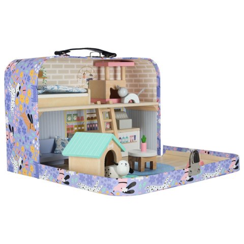 Domek w walizce hotel spa dla zwierząt drewniane mebelki figurki