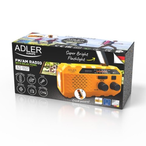 Radio przenośne Adler AD 1197 solarne turystyczne na korbkę biwakowe 3 sposoby ładowania latarka sygnał SOS 1200mAh Radio przenośne Adler AD 1197 solarne turystyczne na korbkę biwakowe 3 sposoby ładowania latarka sygnał SOS 1200mAh