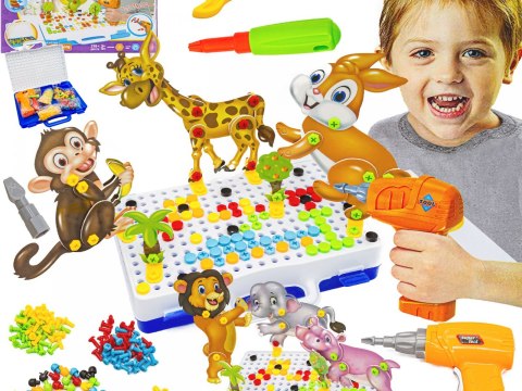 Kreatywna Mozaika ZOO W Walizce 198 el. Układanka 3D, Klocki, Wkrętarka Zestaw Konstrukcyjny