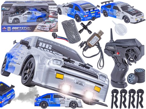 DUŻY Samochód Do Driftu Auto RC Drift 1:16 2,4 GHz PARA DYM Srebrna Toyota 4WD LED