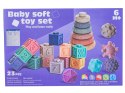 Klocki Sensoryczne dla malucha, Miękkie Klocki, Cyferki, Figury geometryczne, Kształty, Wieża 23 sztuki