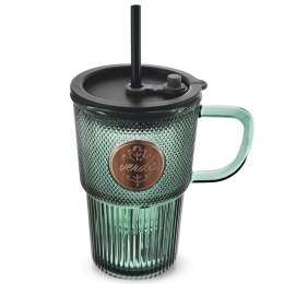 Kubek Szklany z Pokrywką i Słomką Silikonową Zielony Ryflowany 450 ml
