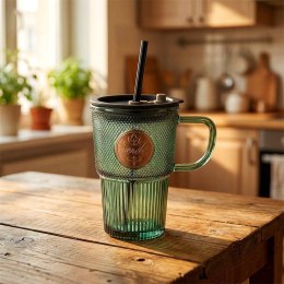 Kubek Szklany z Pokrywką i Słomką Silikonową Zielony Ryflowany 450 ml
