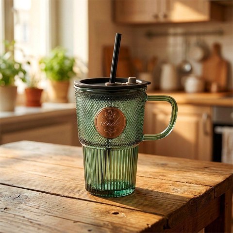 Kubek Szklany z Pokrywką i Słomką Silikonową Zielony Ryflowany 450 ml