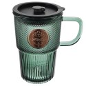 Kubek Szklany z Pokrywką i Słomką Silikonową Zielony Ryflowany 450 ml