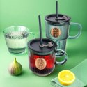 Kubek Szklany z Pokrywką i Słomką Silikonową Zielony Ryflowany 450 ml
