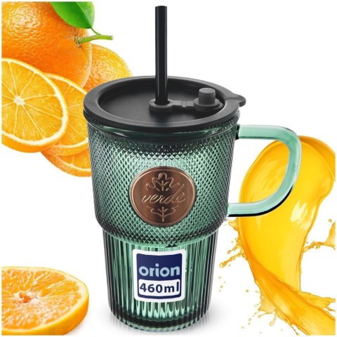 Kubek Szklany z Pokrywką i Słomką Silikonową Zielony Ryflowany 450 ml