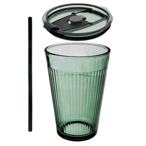 Kubek Szklany z Pokrywką i Słomką do Napojów Zielony Ryflowany 450 ml